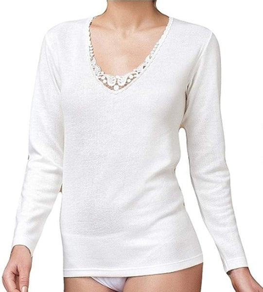 Nottingham Women's long sleeve t-shirt with macrame art lace TL18W wool cotton